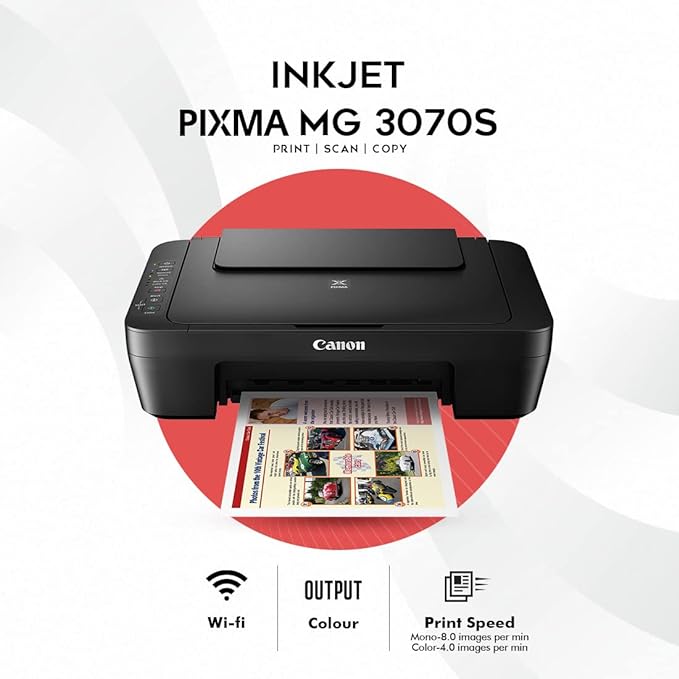 Canon PIXMA MG3070S All in One (Print, Scan, Copy) WiFi Inkjet Colour Printer for Home/Student