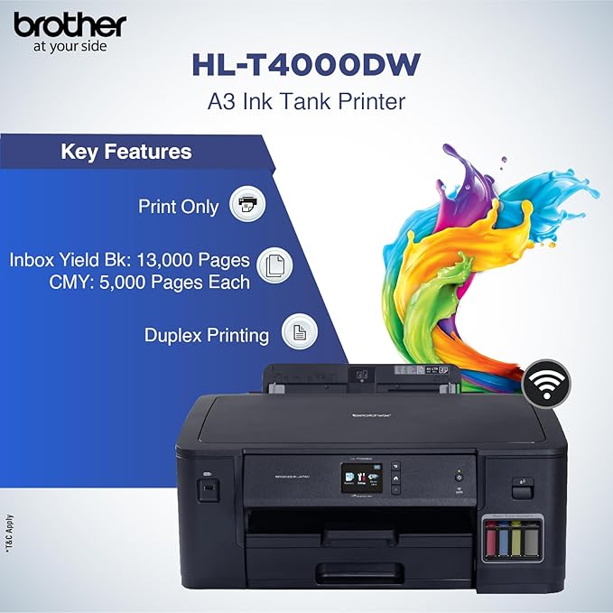 Brother HL-T4000DW Single Function Colour Ink Tank Printer, Wi-Fi, A3, Duplex & Networking, Fast Printing for Business, 22ppm Mono & 20ppm