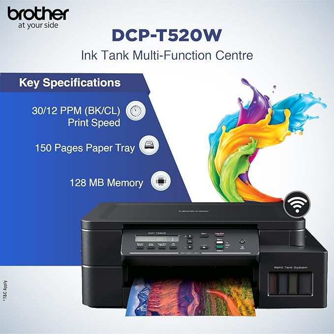 Brother Dcp-T520W All-in One Ink Tank Refill System Solid Ink Printers with Built in-Wireless Technology,Black