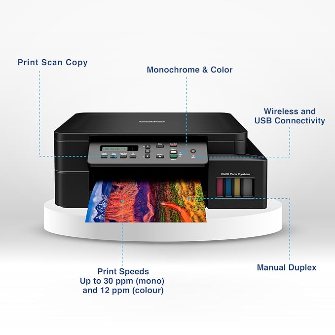 Brother Dcp-T520W All-in One Ink Tank Refill System Solid Ink Printers with Built in-Wireless Technology,Black