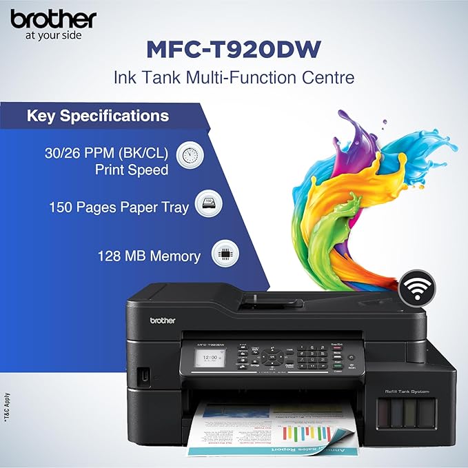 Brother MFC-T920DW All-in-One Color Ink Tank Printer, Wi-Fi, ADF, Duplex, Network & Fax, Business Use, 30ppm Mono & 26ppm Colour, Black