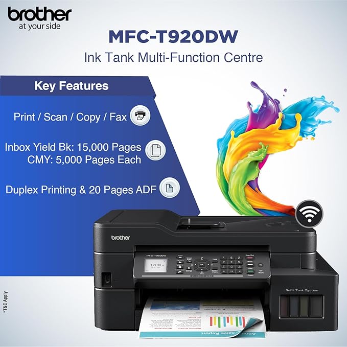 Brother MFC-T920DW All-in-One Color Ink Tank Printer, Wi-Fi, ADF, Duplex, Network & Fax, Business Use, 30ppm Mono & 26ppm Colour, Black