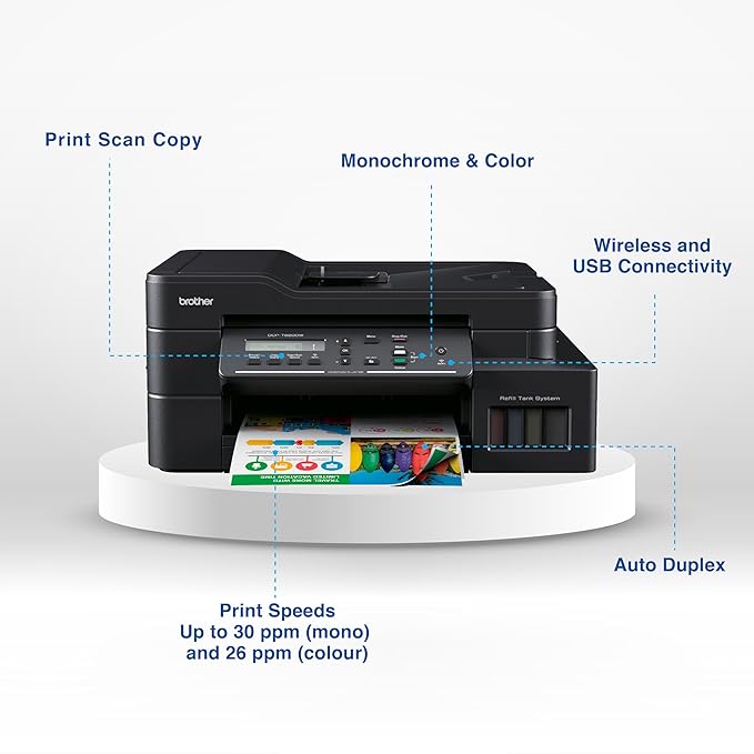 Brother DCP-T820DW Printer - Auto Duplex Printing, Print, Scan, Copy, ADF, WiFi/LAN/USB, Print Up To 15K Pages In Black And 5K In Color Each For (CMY), Get An Extra Black Ink Bottle, Free Installation