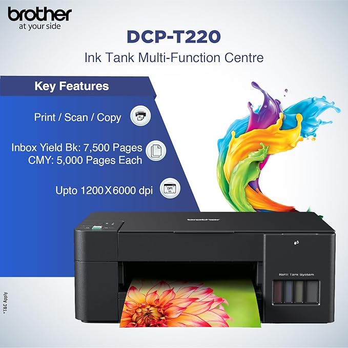 Brother DCP-T220 All-in-One Color Ink Tank Printer, USB, Low Cost Printer for Home Use, 28ppm Mono and 11ppm Color, Black