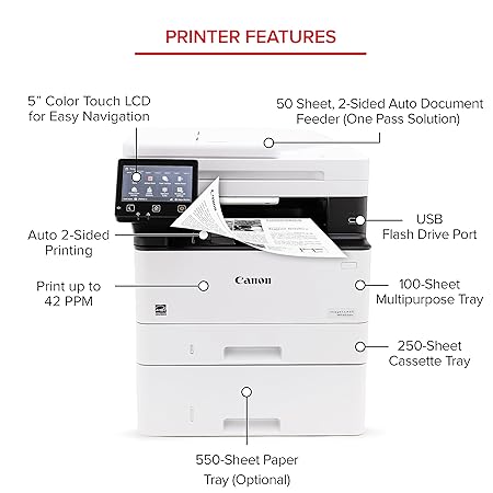 Canon imageCLASS MF465dw - Monochrome, Duplex Wireless Laser Printer, All-in-One with Scanner, Copier, Fax, Home or Office, Auto Document Feeder, Mobile Ready, Warranty, 40 PPM, White
