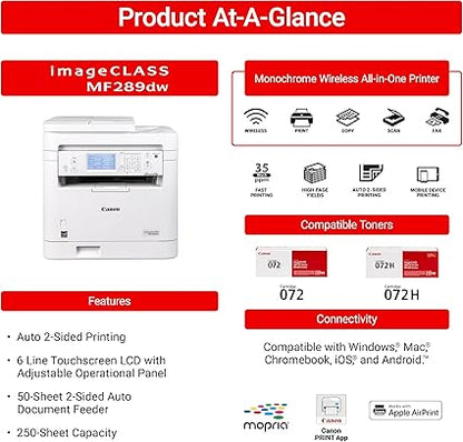 Canon imageCLASS MF289dw - Monochrome, Duplex, Wireless Laser Printer, All-in-One Print, Copy, Scan, Fax, Auto Document Feeder, 1 Year Limited Warranty, 35 PPM, White