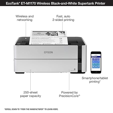 Epson Ecotank Wireless Monochrome Supertank Printer (M1170), White (ADDITIONAL 3 YEARS WARRANTY)