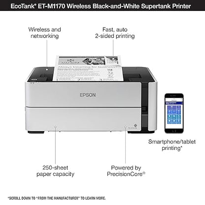 Epson Ecotank Wireless Monochrome Supertank Printer (M1170), White (ADDITIONAL 3 YEARS WARRANTY)