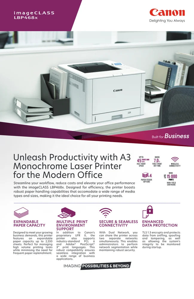 Canon imageCLASS LBP468x A3 Mono Laser Printer for the Modern Office, 38 ppm